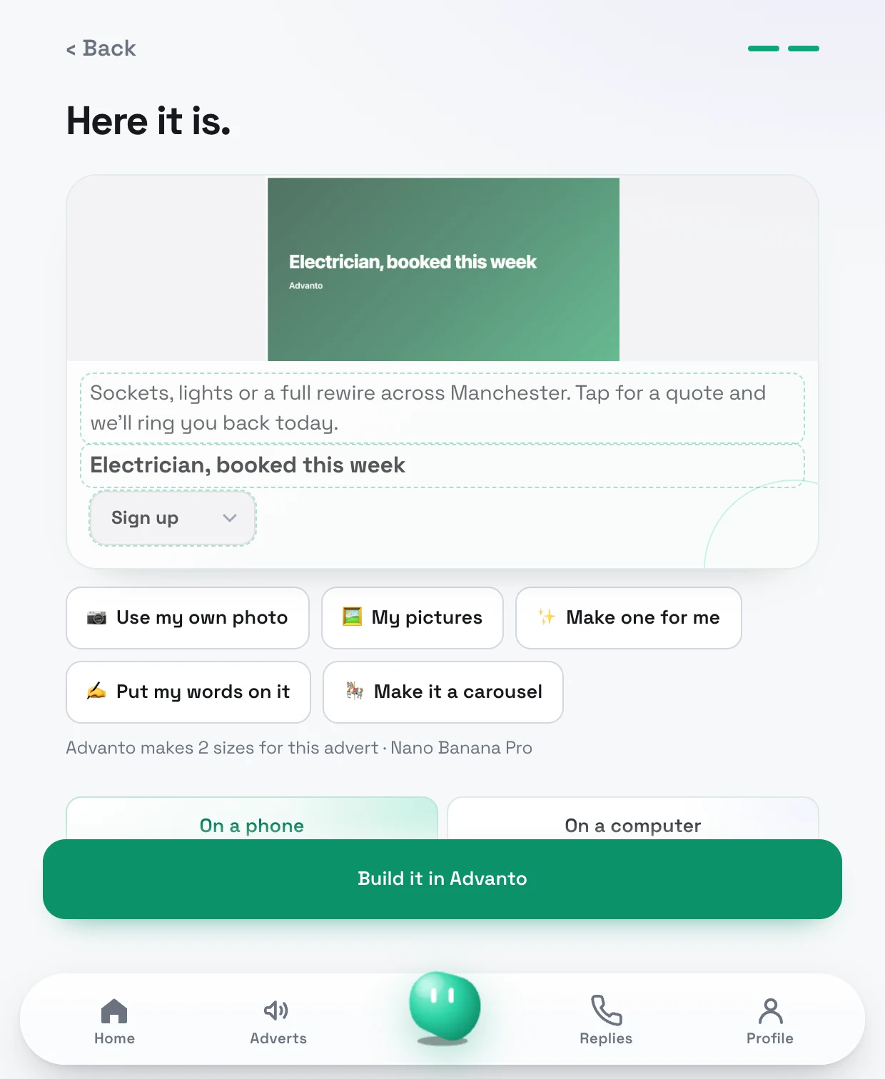 The advert Advanto wrote, with its words and button ready to change by tapping them