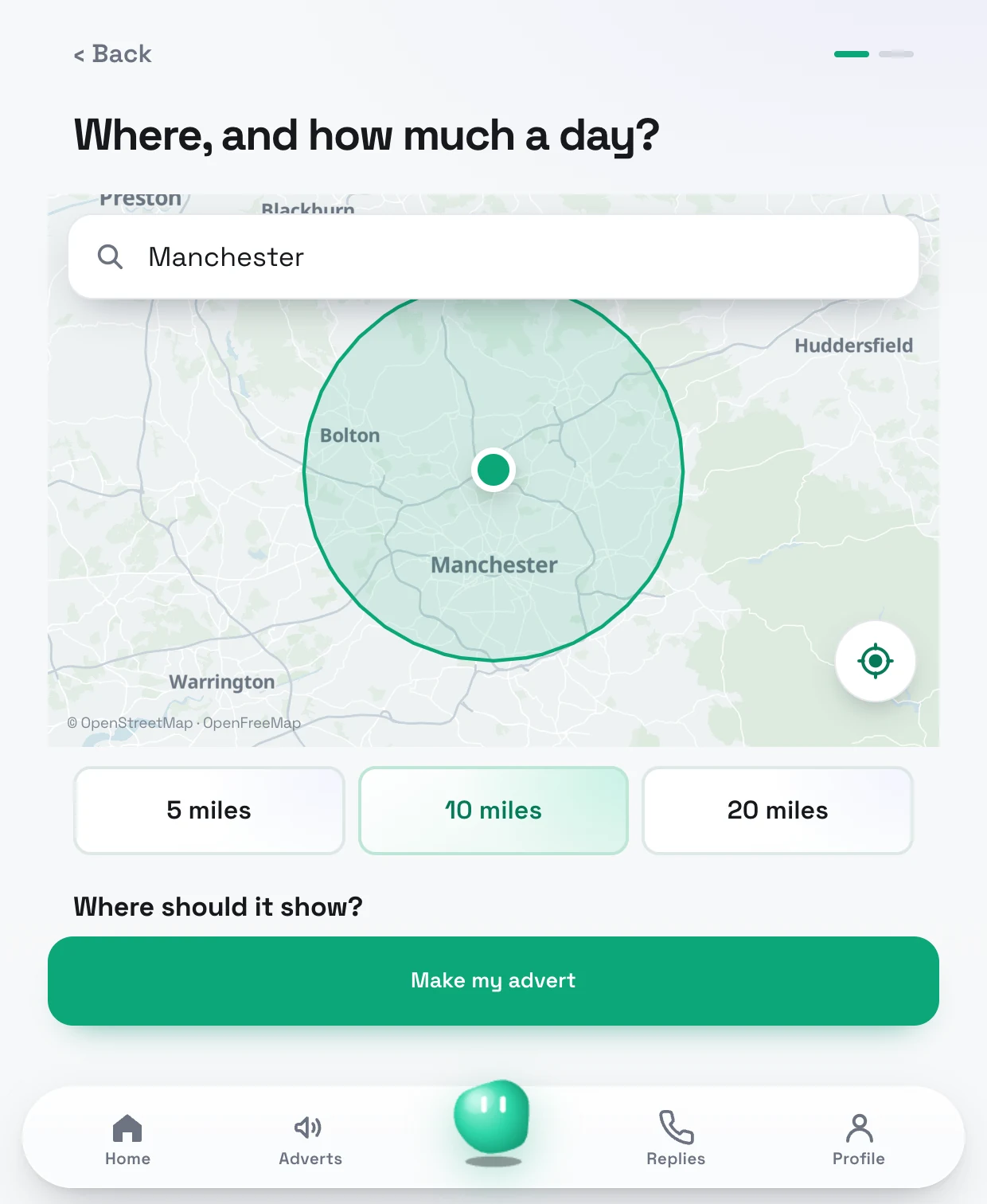 Advanto's map: an area 10 miles around Manchester, chosen by typing the town
