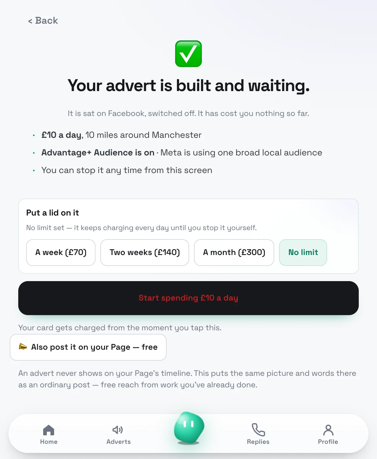 The advert built and switched off, with a spending limit and a Start button